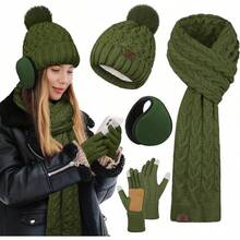 URATOT Women Winter Beanie Hat Scarf Gloves Ear Warmer 4 In 1 Set Beanie Pompom Hat Touchscreen Gloves Long Scarf Ear Warmer - 深橄欖色 - 查看 1