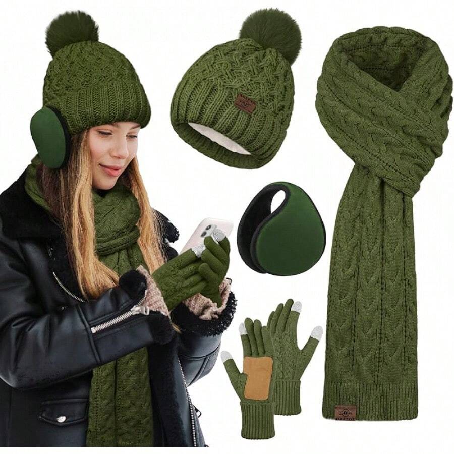 URATOT Women Winter Beanie Hat Scarf Gloves Ear Warmer 4 In 1 Set Beanie Pompom Hat Touchscreen Gloves Long Scarf Ear Warmer - 深橄欖色 - 查看 1