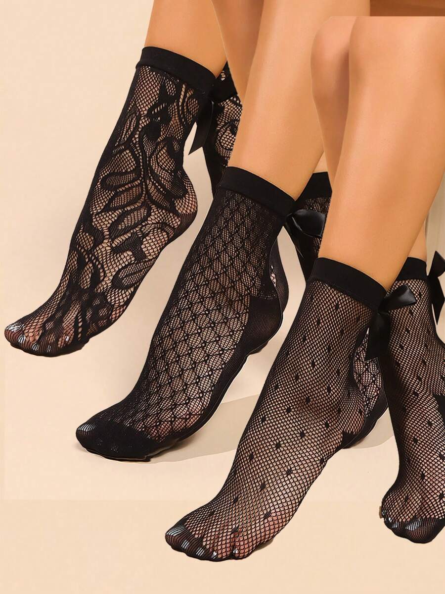 3 Pairs Bow Decor Short Socks Set, Women Thin Sexy Lace Hollow Out Ankle Socks, Fashionable Calf Socks