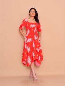 Helena Midi Dress With Printed Crepe Lastex Stitch And Short Sleeves - 紅色 - 查看 3