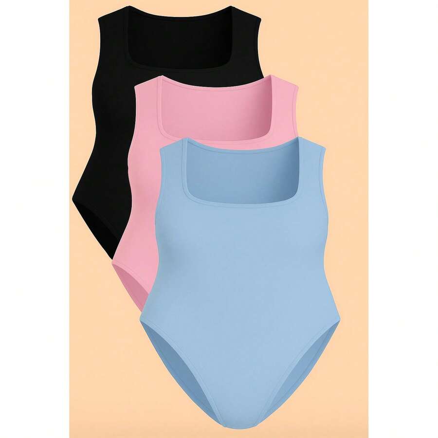 Kit 3 Bory Plus Size Body Bori Tank Top Thick Strap Closed Back Second Skin Fresh Fashion Spring Summer Timeless Clothes Large - 黑色藍色BB/淡粉紅色 - 查看 1