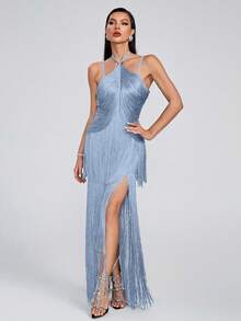 Girsdy Blue Summer Fashion Halter Solid Color Minimalist Handmade Tassel Bandage Sleeveless Dress, Elegant & Graceful For Party, Cocktail, Evening Gown