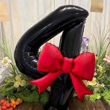 2个大号黑色数字气球0-9，配红色蝴蝶结铝箔气球套装，适用于生日派对、聚会装饰、周年纪念、节日庆典、户外派对、氛围营造、照片装饰气球供应。周年纪念、户外派对装饰、装饰气球、时尚派对装饰、可重复使用装饰、优质铝箔、庆典气球、照片背景、派对组织者、活动策划者 - 32吋黑色數字+22吋紅色蝴蝶結 - 查看 6