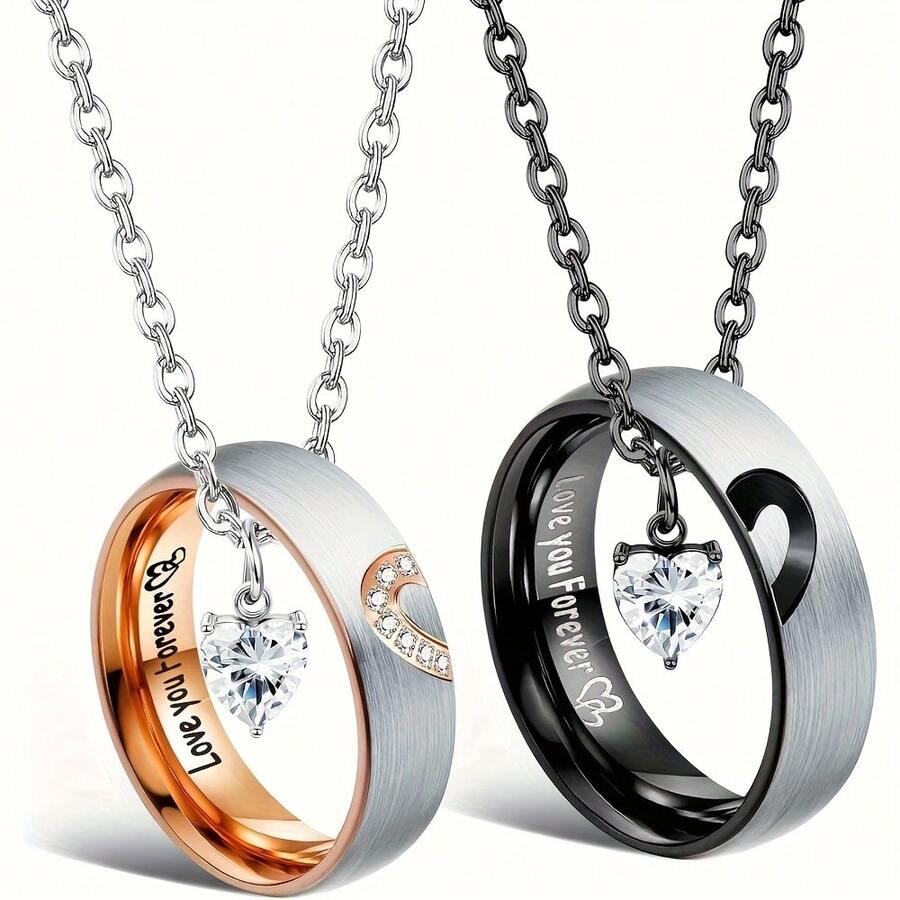Matching Necklaces For Couples Pendant Necklace For Women Men Matching Promise Rings Pendant Set Stainless Steel Couple Necklace For Him And Her Anniversary Valentine'S Day Jewelry Gift - 我用100種語言愛你 - 查看 1