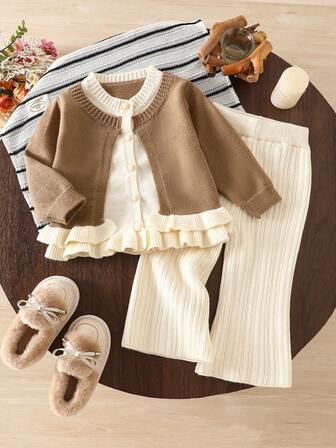 WUHUANG YIYI 2pcs/Set Girls Cute 2-In-1 Hem Design Two-Tone Sweater Cardigan And Loose Pants Set, Casual Outfit For Autumn/Winter