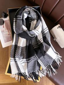 1pc Fall Winter Women Elegant Vintage Multi Color Plaid Stripe Faux Cashmere Scarf/Shawl,With Tassels, Winter Warm Casual Thick Style Neck Scarf For Dress - Multicolor - View 5