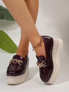 Damen Plateau Plateau-Schuhe, einfarbiger Metallketten-Dekor, für Pendeln & Büro - Bordeaux - Übersicht 4