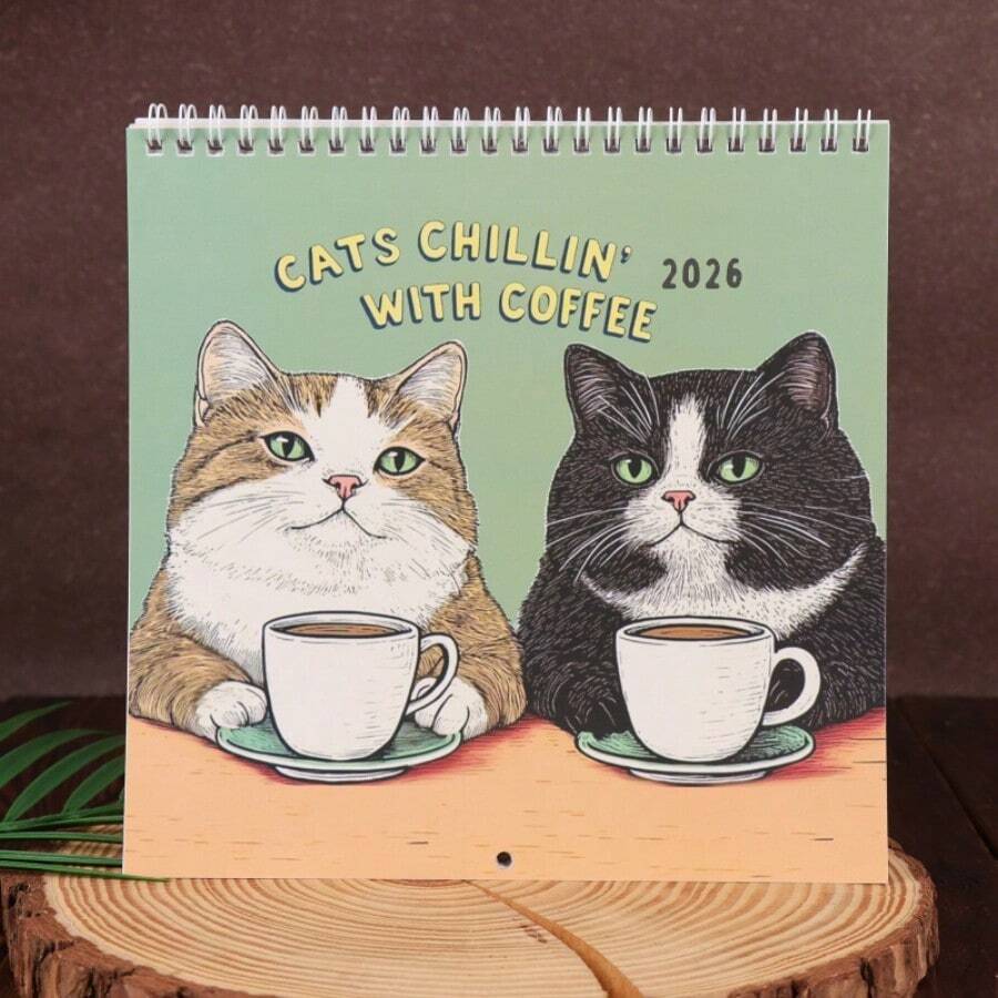 Calendar de perete cu pisici 2026 – Pisici relaxându-se cu cafea – Calendar amuzant cu pisici, cadou calendar de perete pentru iubitorii de pisici, decor ciudat cu pisici, calendar cu cafea