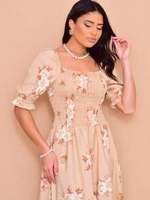 Helena Midi Dress With Printed Crepe Lastex Stitch And Short Sleeves - 卡其色 - 查看 3