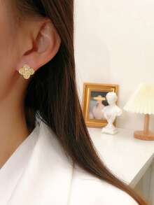 2pcs/Set Silver-Tone Cubic Zirconia Clover Earrings, Elegant Jewelry Gift For Women, Casual & Refined - Full Diamond Four Leaf Clover - View 8