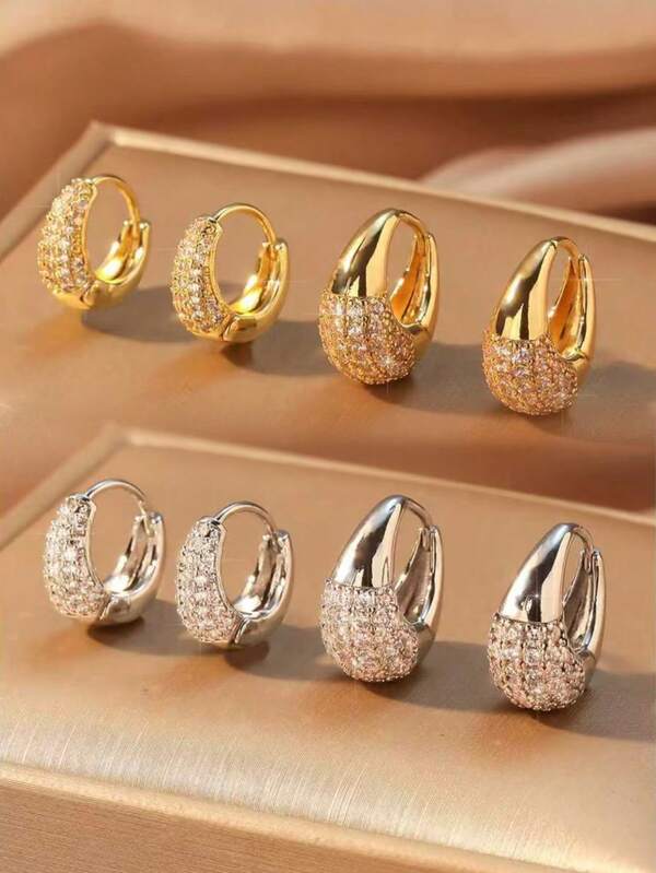 2 Paar einzigartiges Design Strass Creolen Set, schick & in Silber-/Goldton, geeignet für den täglichen Gebrauch, Pendeln & Partys