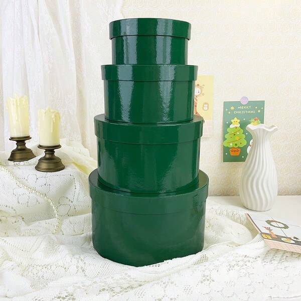 4 قطع مجموعة صناديق هدايا ورقية دائرية أنيقة (بدون إكسسوارات)، بتصميم قابل للتكديس باللون الأخضر الصلب المناسب لتخزين الهدايا، الأعراس، أعياد الميلاد، عيد الميلاد، المناسبات
