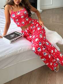 Sanrio [WONDER WORLD]2pcs Hello Kitty Women Camisole Printed Crop Top + Straight Elastic Waist Pants Pajama Set - Red - View 1