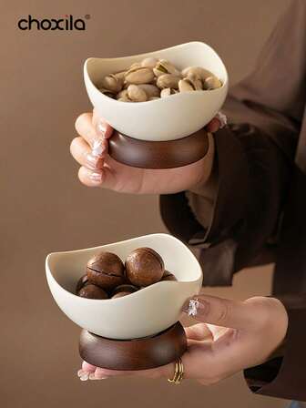 choxila 1 pieza Plato de postre retro con base de madera resistente, tazones para nueces, bandejas para aperitivos, platos para caramelos, bandeja para joyas, tazón para ensalada de frutas y verduras, yogur, plato pequeño para ingredientes, taza de postre creativa, tazón de postre multifuncional reutilizable para el hogar, restaurante, cocina, camping, Ramadán, lavar a mano solamente