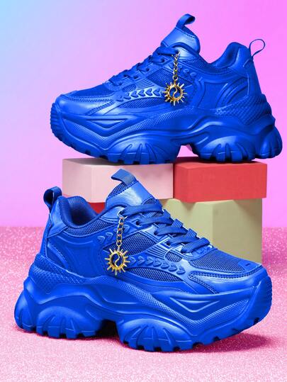 7cm Elevator Women's Casual Sports Shoes With 3D Metal Sunflower Decor Chain, Outdoor EVA Platform High-Top Sneakers, Lightweight Soft Shock-Absorbing Non-Slip Running Shoes, Breathable Mesh Summer Sandals, Round Toe Lace-Up Rhinestone Blue Plus Size Shoes For Daily, School, Work, Workout