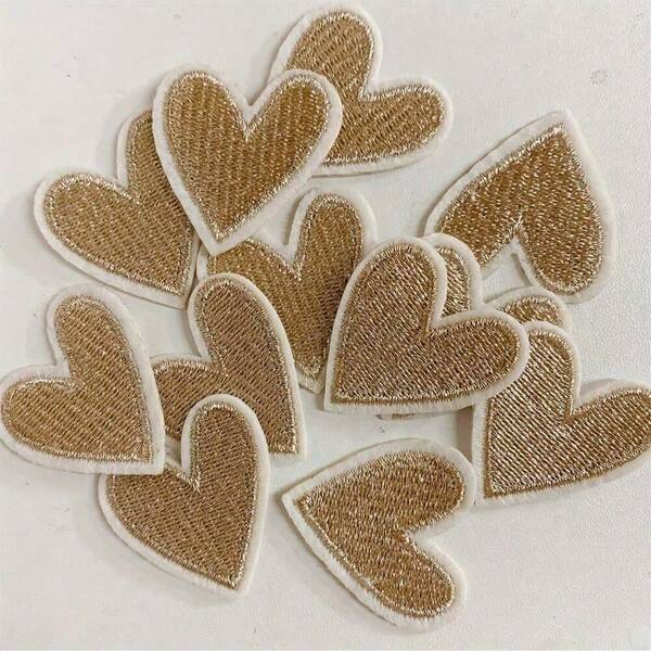 6pcs Gold Heart Shaped Embroidered Patches, Iron-On/Sew-On For DIY Clothing