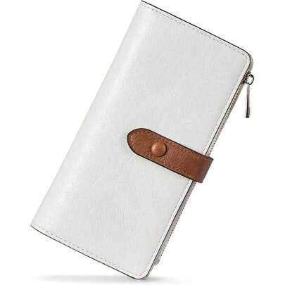 - portafolios de piel para mujer, con bloqueo RFID, tamao pequeo, con cierre, bolsillo y ventana de identificacin, B - BrownBeige - aceite cera, Large, Cartera delgada