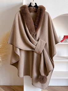一件优雅纯色仿兔毛领针织披肩斗篷，时尚百搭，加厚保暖宽松开衫斗篷外套，适合日常穿着，秋冬季节也可搭配连衣裙。 - 卡其色 - 查看 3