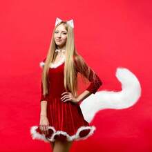 Simulation Fur Tail And Ears Set, Faux Fur Fox Tail, Cat Ears, Headband, Leather Choker, Bell Necklace For Cosplay, Costume Party, Adjustable Fox And Wolf Tail Set - trắng - Xem 3