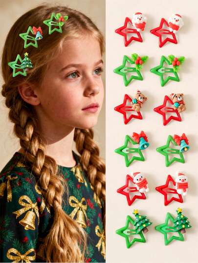 12pcs/Set Girls Christmas Hair Clips, Cute Cartoon Star BB Hair Clips - Multi-Color, Fashionable Princess Accessories, Suitable For Christmas Party Gifts