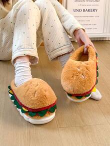 نعال منزلية سميكة القاع بتصميم كرتوني لطيف على شكل همبرغر ثلاثي الأبعاد للنساء، نعال منزلية دافئة مغلقة الأصابع للاستخدام الخارجي للأزواج