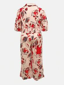 2pcs/Set Plus Size Women Random Print Top And Pants Set - Khaki - View 7