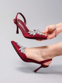 Women's Rhinestone Decor Pointed Toe High Heel Sandals, Sexy Satin Backstrap High Heels, Burgundy, Fashion Party Shoes - Burgundy - View 7
