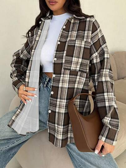 Camisa holgada casual de mujer a cuadros, patrón a cuadros clásico, versátil para uso diario y para ir al trabajo