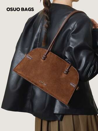 1pc Vintage Suede Patchwork Women's Handbag, Commuter Underarm Bag With Metal Decor, Shoulder Bag, Autumn/Winter