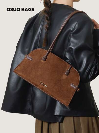 1pc Vintage Suede Patchwork Women's Handbag, Commuter Underarm Bag With Metal Decor, Shoulder Bag, Autumn/Winter