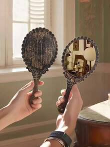 1pc Vintage Palace Style Resin Carved Decorative Hand Mirror,Makeup,Cheap,Room Decor,Vanity,Travel,Bedroom,Makeup Accessories,Mirror,Vanity Mirror,Mini Mirror,Compact Mirror,Mirror Small,Hand Mirror