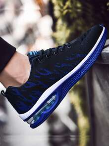 1 Pair Men's Gradient Flame Knit Lace-Up Cushioned Sneakers, Comfortable Breathable Shock-Absorbing Outdoor Running Shoes, Suitable For Outdoor Sports, Jogging, Fitness And Walking, Men's Road Running Shoes, Cushioned Soft Sole Athletic Shoes Size 37-46 - Blue - View 4