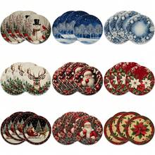 4/6/8 pièces Sets de table de Noël - Série bleue d'hiver de Noël, sapin de Noël, couronne, Père Noël, motif floral, sets de table, lavage à la main uniquement, décoration de table à dîner ronde d'hiver, décoration de cuisine et de salle à manger pour fête - 36 cm