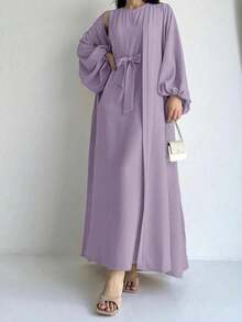 1 套纯色优雅阿巴亚长袍套装，穆斯林系腰宽松长袍连衣裙 + 开放式阿巴亚，适合春季、夏季、秋季女性日常外出和祈祷穿着 - 彩色 - 查看 5