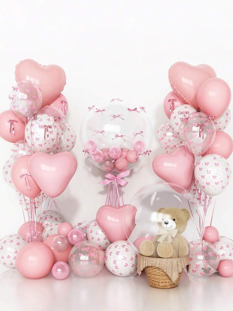 1set Pink Bow Balloon Set, 20in Light Gray Pink White Bobo Heart Balloons, Princess Girl 1st Birthday & Baby Shower Party Decorations - Multicolor - View 1