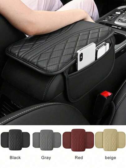 [Upgraded] Nappa Leather Car Center Console Cover - Universal Armrest Protector With 2 Storage Pockets, Waterproof & Scratch-Resistant For SUV/Sedan/Truck (Black/Beige/Gray/Red)
