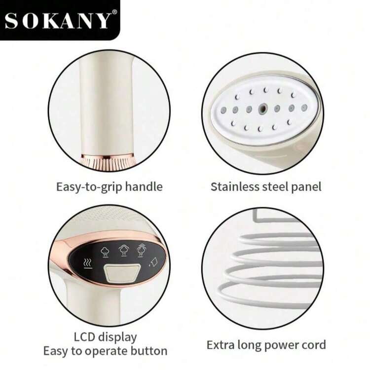 SOKANY 12003 手持式多功能蒸汽熨斗，1500W 大功率快速加热，260ml 大容量，360° 全方位熨烫，带 LED 显示屏和不锈钢面板，轻松熨烫领口和纽扣 - 商务人士和家庭必备家用电器 - 查看 4