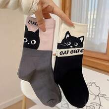 5 pares de calcetines de gato de dibujos animados - Calcetines tipo tripulación de estilo universitario lindos, calcetines de mujer hasta la rodilla y transparentes, versátiles para estar en casa o hacer deporte, agregan un toque festivo a las fiestas, regalo único para amigos y familiares, diseño cómodo para todas las estaciones con tela transpirable