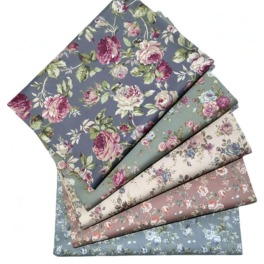 Bộ 5 miếng vải chần bông cotton nguyên chất in họa tiết hoa cổ điển - Vải chắp vá vuông trang trí cắt sẵn, thích hợp để may và nối miếng vá, làm đồ thủ công DIY, nhiều loại nơ, gối, ga trải giường và vật liệu chần bông - Nhiều màu - Xem 1