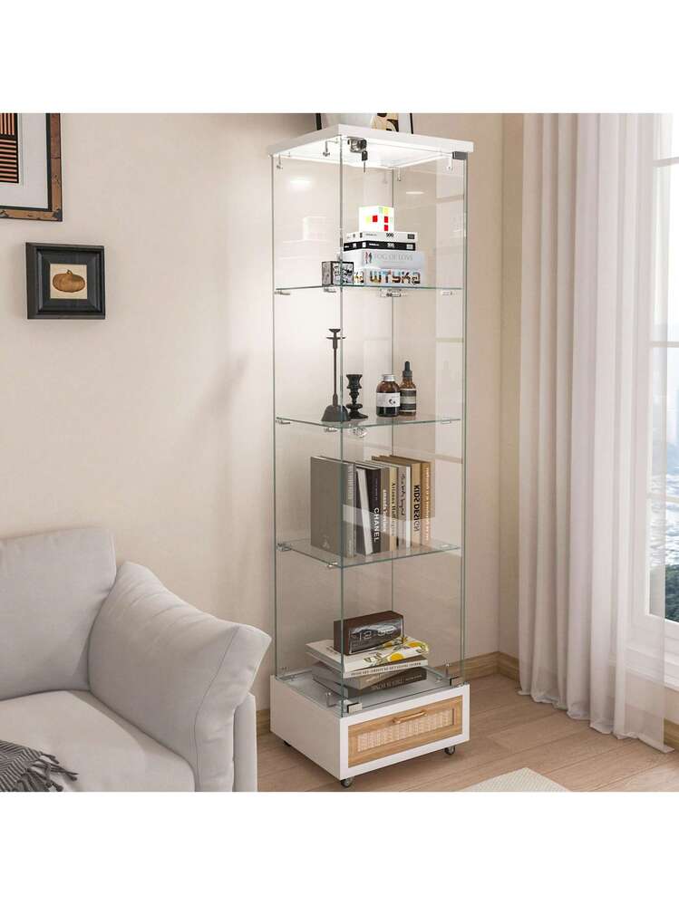 LED照明＆引き出し付き ガラスディスプレイキャビネット｜鍵付き強化