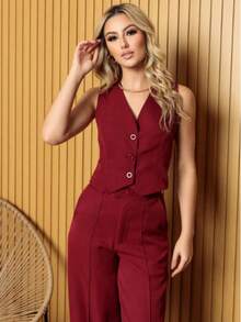 Tailored Set Vest With Formal Pants Fashion Fashion - Burgundy - View 3