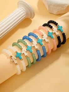 5/10pcs Colorful Glass Beaded Elastic Bracelet Set, Unisex DIY Multi-Layer Cross Bracelet, Suitable For Casual Daily Wear