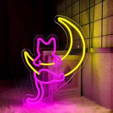 Letrero de neón de gato y luna, luz de noche de anime personalizada, decoración de pared de lámpara de gato, señal de luz de neón de gato de dibujos animados para decoraciones de fiesta de cumpleaños, luz de neón con alimentación USB para decoración del hogar, sala de juegos, dormitorio, habitación de niños, decoración de fondo, regalo de Navidad, fácil de colgar.