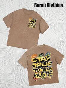 Interesting Printed Round Neck Short-Sleeved Cotton T-Shirt, Washed And Distressed Retro Style, Machine Washable, Unisex, Suitable For Casual Travel - Khaki 2 - Xem 1