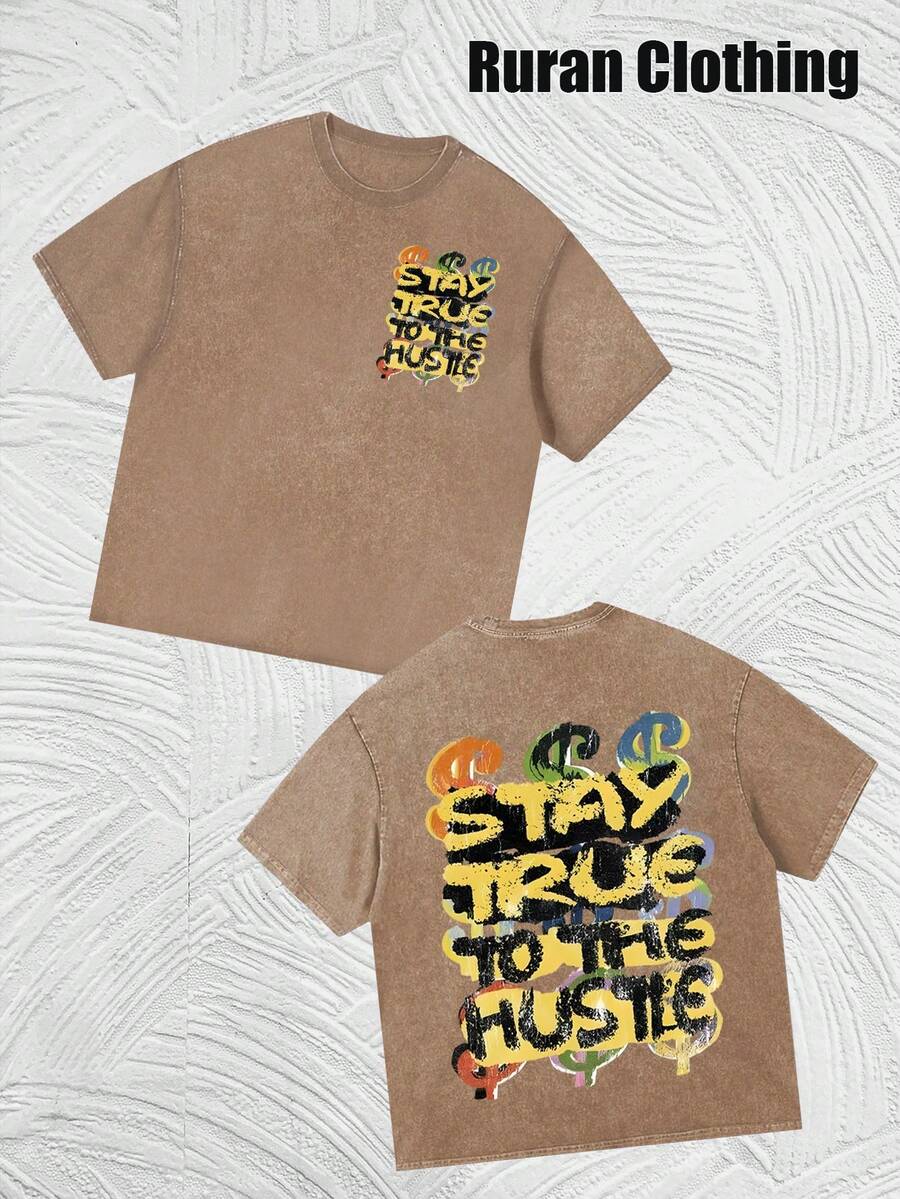 Interesting Printed Round Neck Short-Sleeved Cotton T-Shirt, Washed And Distressed Retro Style, Machine Washable, Unisex, Suitable For Casual Travel - Khaki 2 - Xem 1