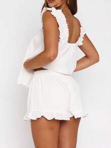 Womens Pajamas Set 2 Piece Ruffle Pj Soft Sleeveless Babydoll Tank Top And Drawstring Elastic Waist Wide Leg Shorts Sleepwear Nightwear Set Y2k Summer Lounge Set - 白色 - 查看 5