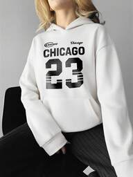 אופנה קז'ואל ספורטיבית בסגנון אמריקאי רופף דק נשים של חזה אותיות ומספרים באנגלית 23 קפוצ'ון ארוך שרוולים סווטשירט לבן, מתאים לנסיעות, התכנסות חברים, מסיבה, קניות, צילום רחוב, ספורט, ריקוד, כושר ולבוש יומיומי