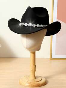 1 pieza Sombrero de vaquero de mujer con decoración de rhinestones, sombrero de fiesta de ala ancha a la moda, adecuado para viajes, fiestas, fiestas con temática de vaquero occidental y uso diario