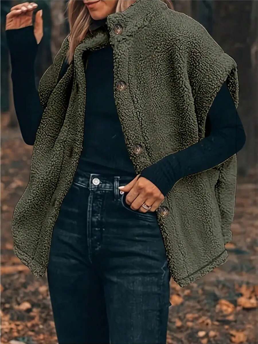 Plus Size Women Solid Color Teddy Fleece Elegant Casual Vest Jacket, Suitable For Daily Office Wear, Autumn/Winter - Green - View 1