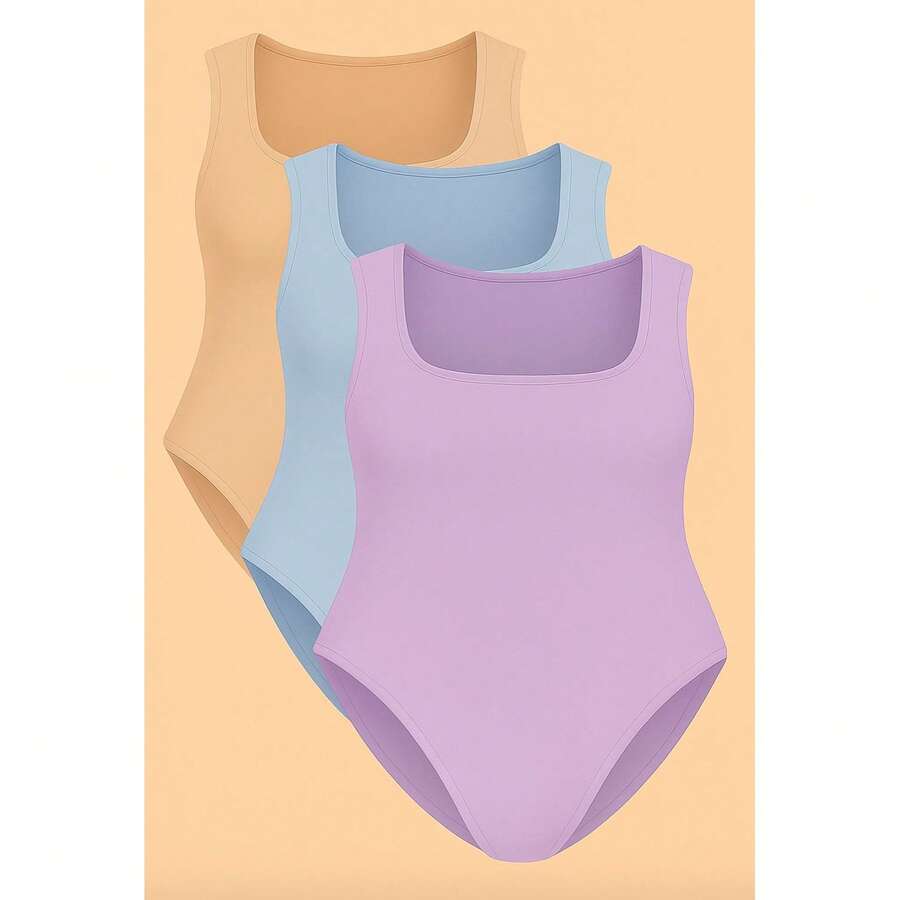 Kit 3 Bory Plus Size Body Bori Tank Top Thick Strap Closed Back Second Skin Fresh Fashion Spring Summer Timeless Clothes Large - 裸色/淡紫色/淡藍色 - 查看 1